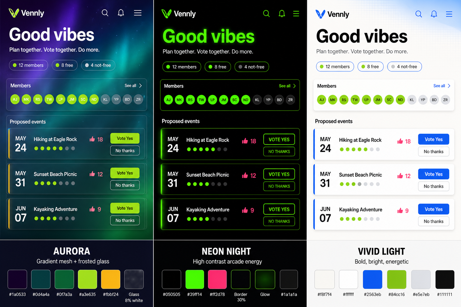 Three Vennly color theme directions: Aurora, Neon Night, and Vivid Light.